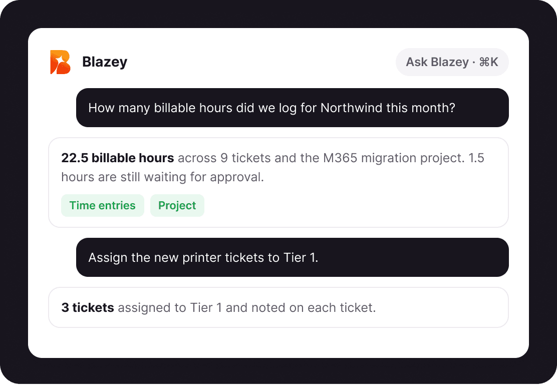 Ask Blazey anything about your MSP.